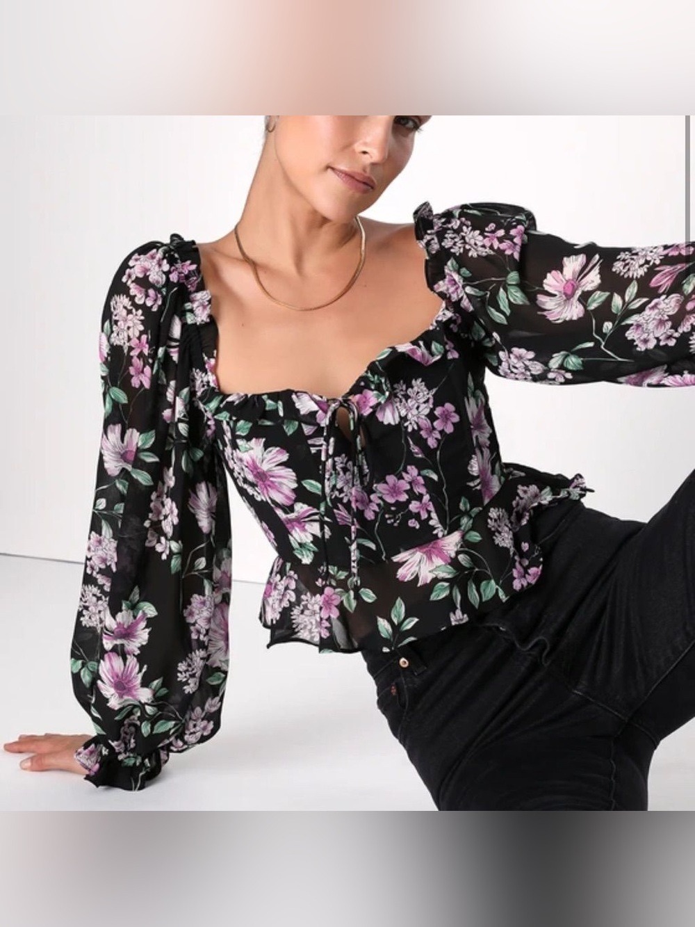 Lulus Floral Corset Puff Sheer Sleeve Ruffle Trim Blouse Top